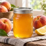 Jar of translucent golden peach jelly with ripe peaches and lemon