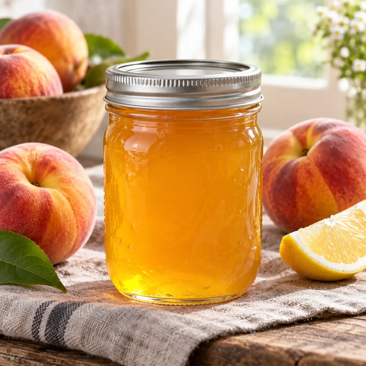 Jar of translucent golden peach jelly with ripe peaches and lemon