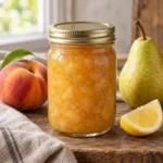 Jar of pale golden peach or pear jam with fresh peach, pear, and lemon