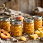 Editorial illustration of half-pint jars of peach-pineapple spread with peaches and pineapple