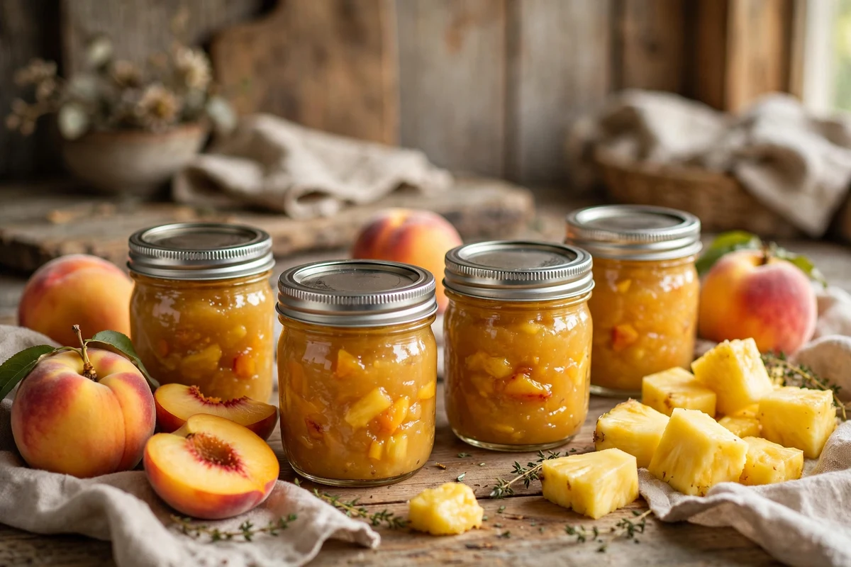 Editorial illustration of half-pint jars of peach-pineapple spread with peaches and pineapple