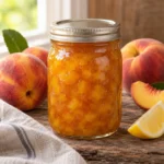 Jar of golden peach schnapps preserve with ripe peaches and lemon