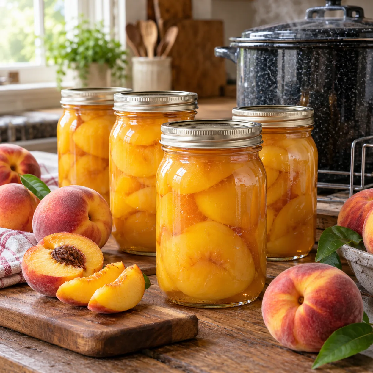 Home-canned yellow-flesh peach halves and slices packed in clear syrup in glass jars.