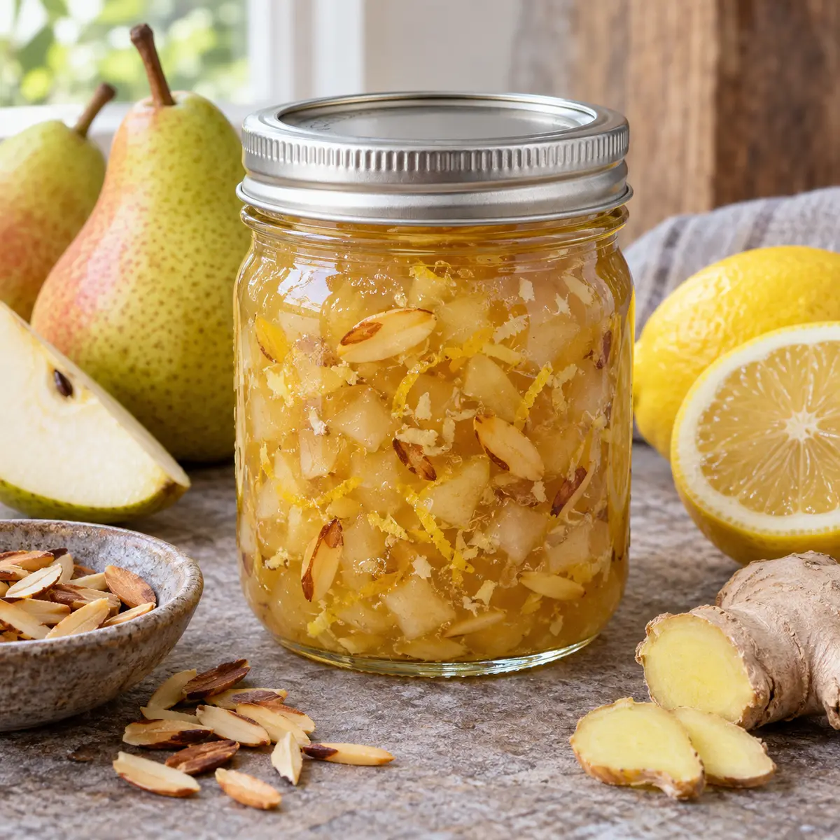 Jar of golden pear conserve with lemon zest, almonds, and ginger
