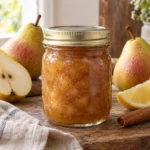 Jar of golden-brown pear cinnamon jam with ripe pears and lemon
