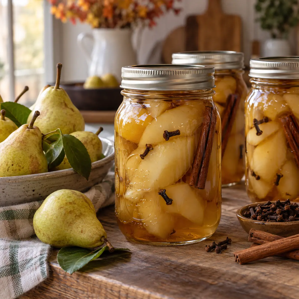 Spiced pear pickles with cinnamon and cloves in sealed home-canning jars
