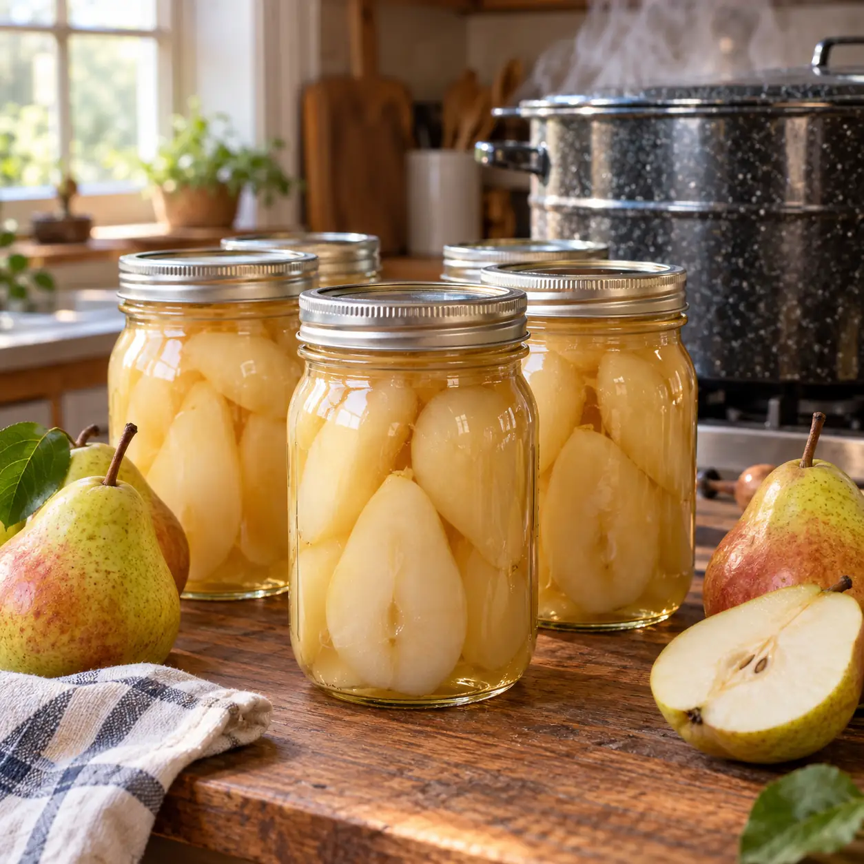 Home-canned pear halves packed in clear liquid in glass jars.