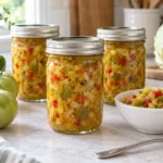 Three jars and a serving bowl of green tomato and cabbage piccalilli relish.