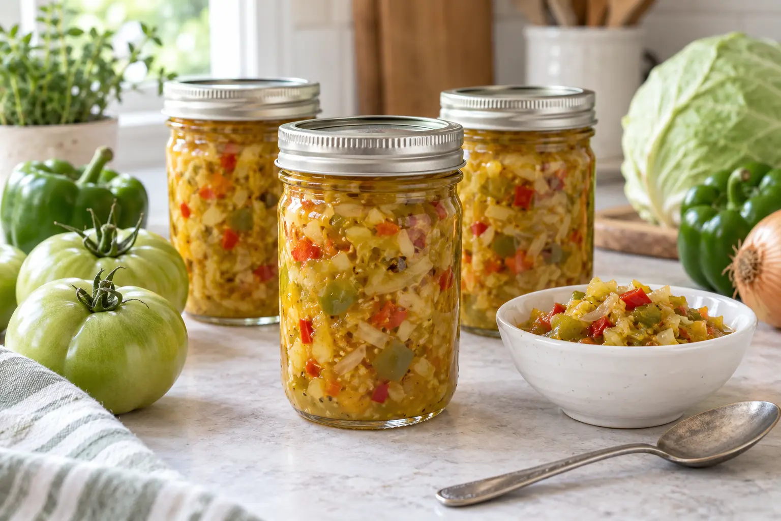 Three jars and a serving bowl of green tomato and cabbage piccalilli relish.