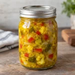 Jar of mustard-yellow piccalilli relish with vegetables