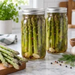 Two sealed jars of pickled asparagus spears in seasoned brine