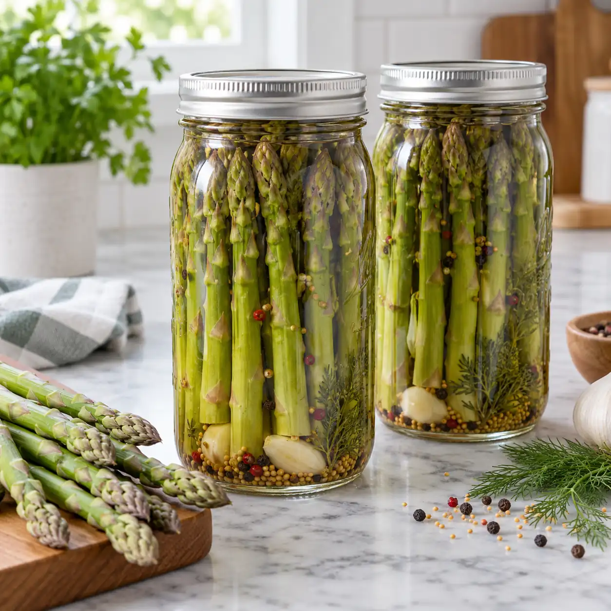 Two sealed jars of pickled asparagus spears in seasoned brine