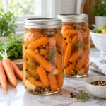 Two sealed jars of pickled baby carrots in seasoned brine