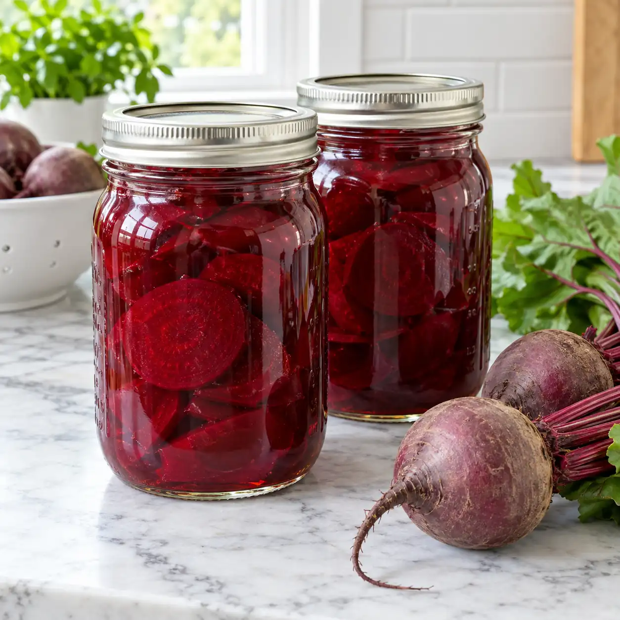 Two sealed jars of sliced pickled beets with fresh beets nearby