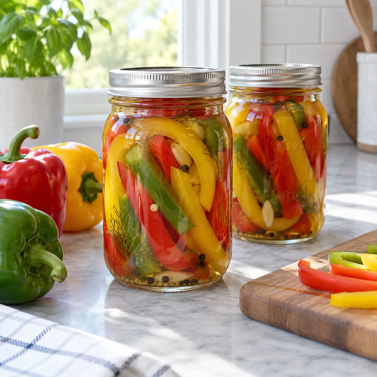 Two sealed jars of colorful pickled bell pepper strips in clear brine