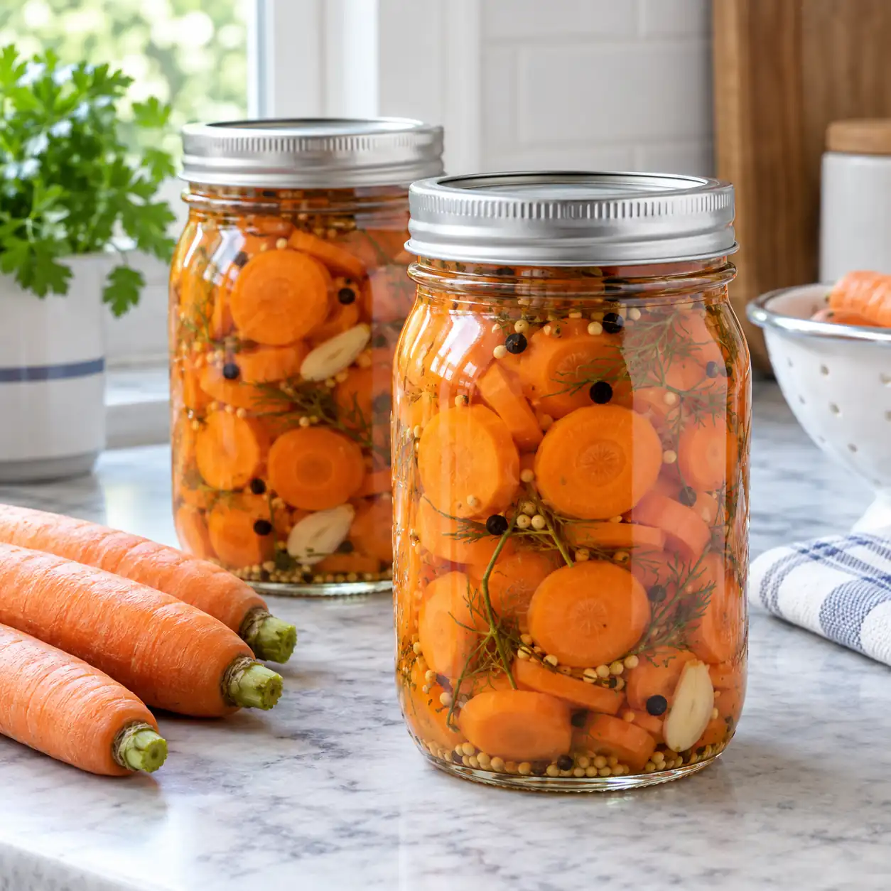 Two sealed jars of sliced pickled carrots in seasoned brine