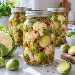 Sealed jars of pickled cauliflower and Brussels sprouts in seasoned brine
