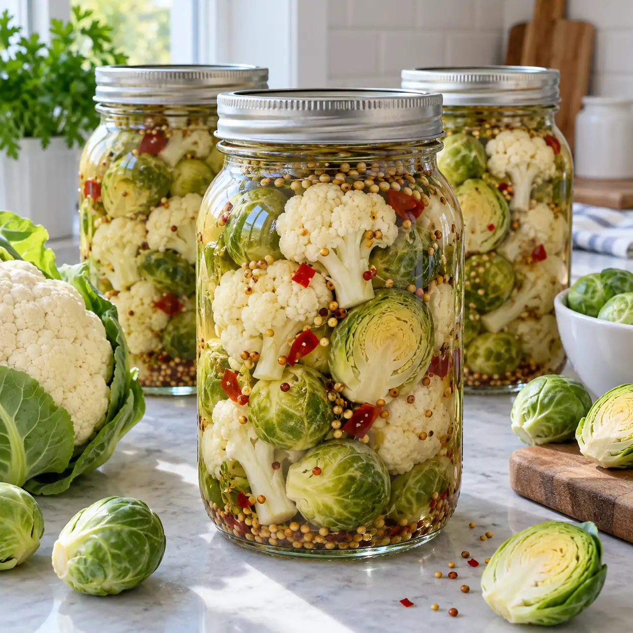 Sealed jars of pickled cauliflower and Brussels sprouts in seasoned brine