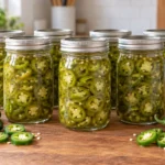 Six sealed pint jars of sliced green jalapeño rings in clear pickling brine.