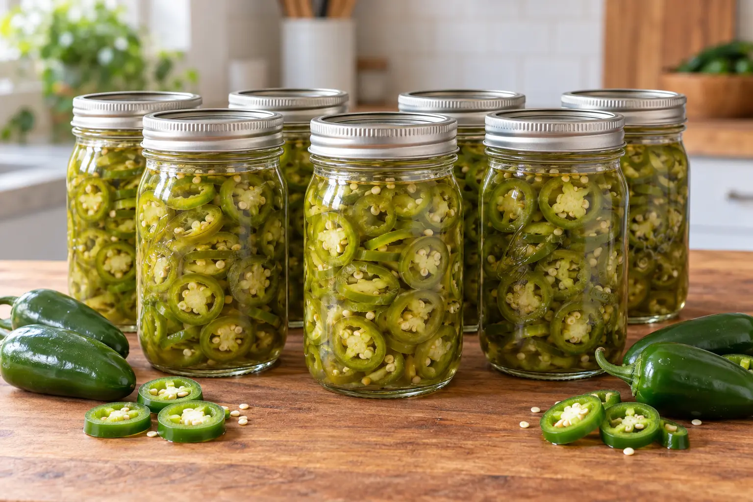 Six sealed pint jars of sliced green jalapeño rings in clear pickling brine.