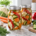 Two sealed jars of colorful pickled mixed vegetables