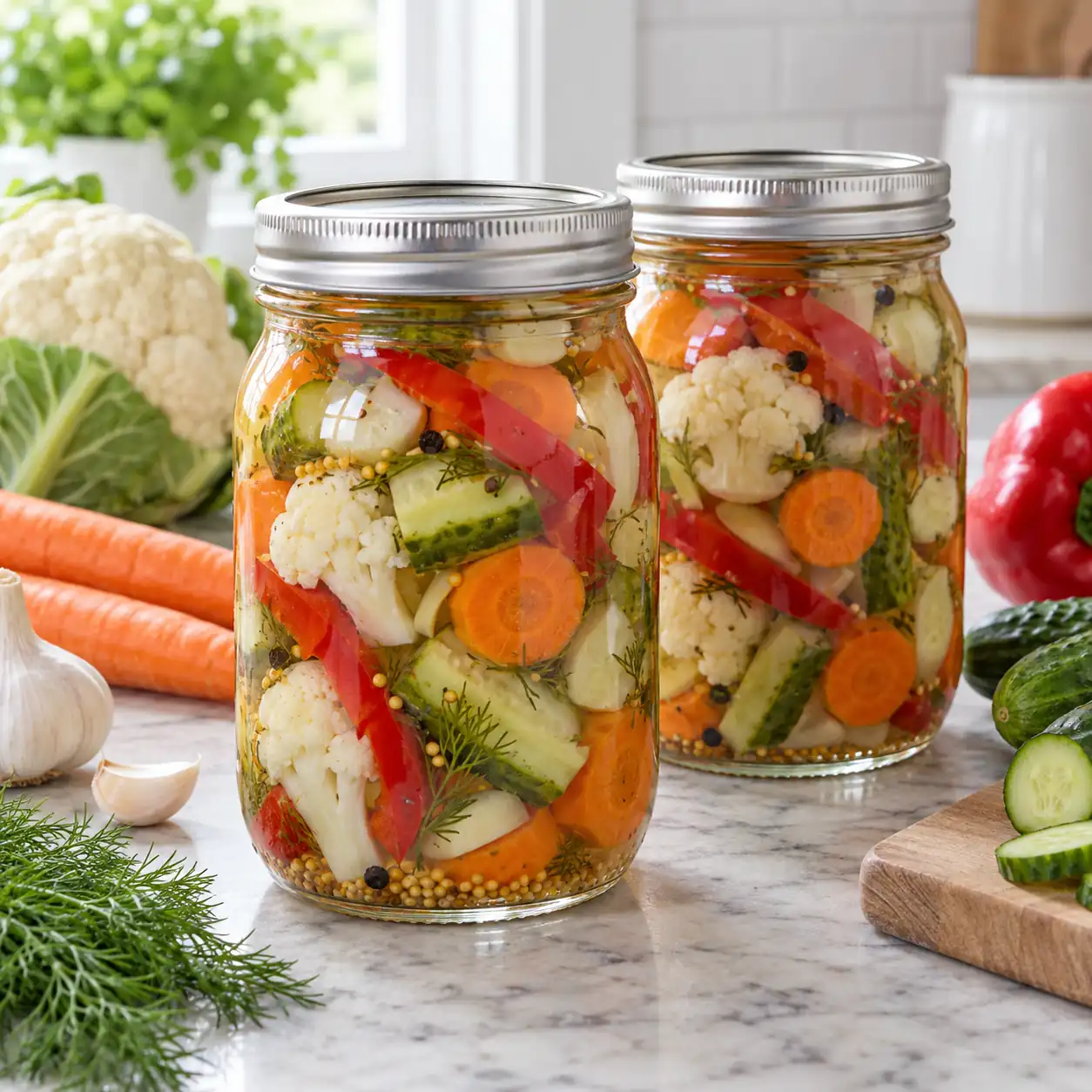 Two sealed jars of colorful pickled mixed vegetables