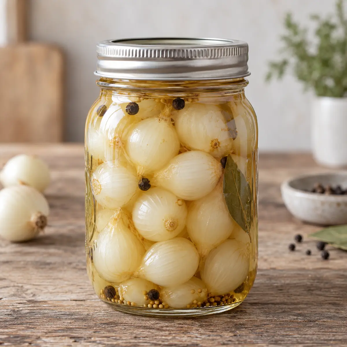 Jar of whole pickled pearl onions in golden brine