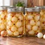 Four sealed pint jars of whole pickled pearl onions in clear spiced vinegar brine.