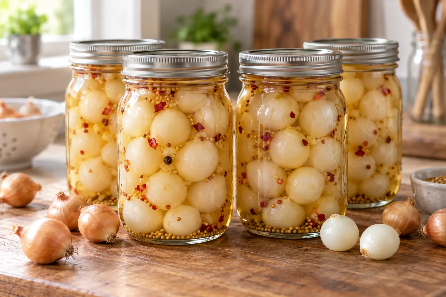 Four sealed pint jars of whole pickled pearl onions in clear spiced vinegar brine.