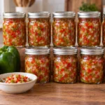 Nine sealed half-pint jars of finely chopped red and green pepper-onion relish.