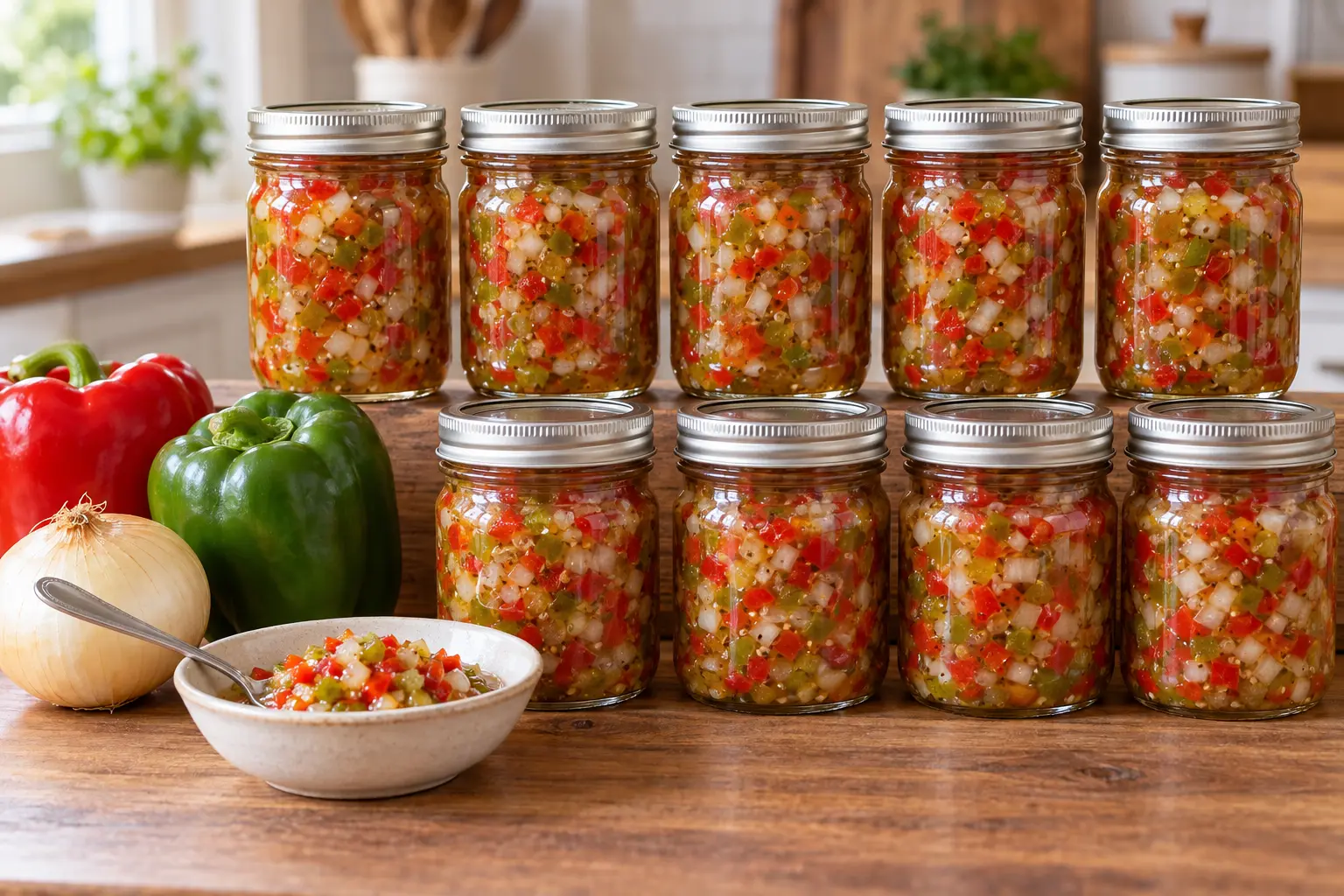 Nine sealed half-pint jars of finely chopped red and green pepper-onion relish.