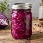 Jar of shredded spiced red cabbage pickles