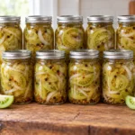 Nine sealed pint jars of sliced sweet green tomato pickles with onions and spices.