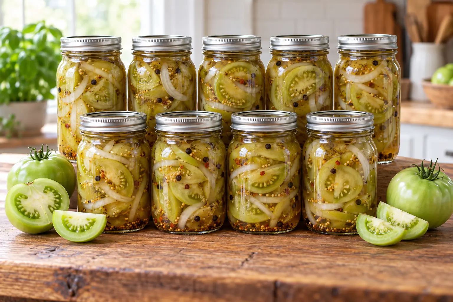 Nine sealed pint jars of sliced sweet green tomato pickles with onions and spices.