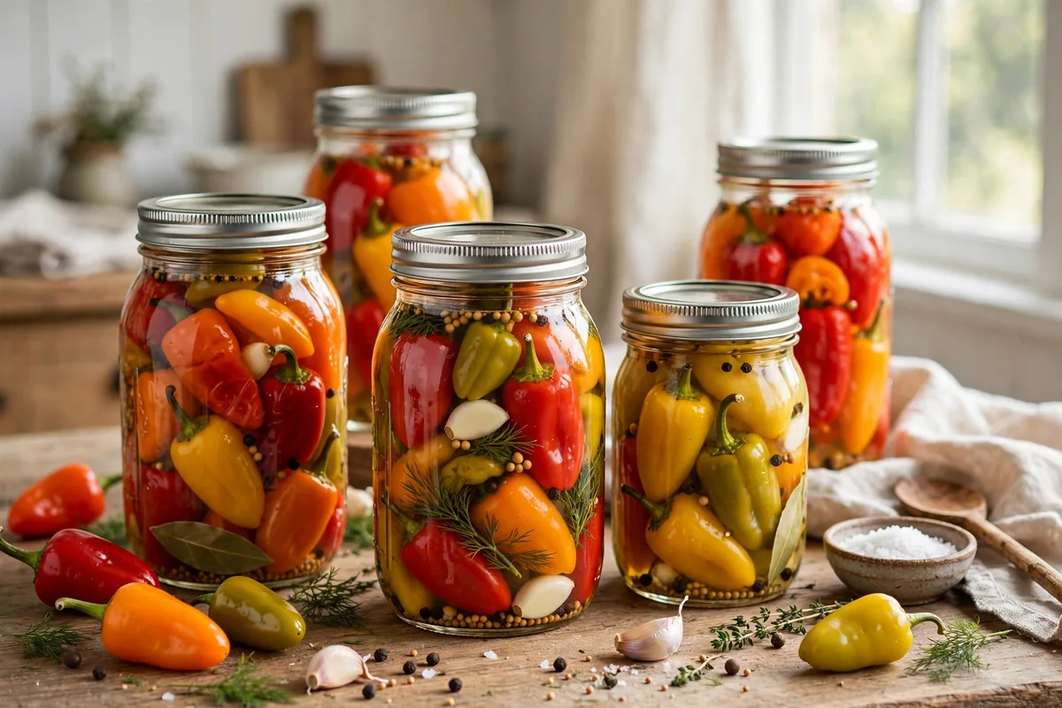 Pickled Sweet Peppers in glass canning jars — home canning recipe