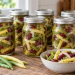 Six sealed jars of pickled green beans, yellow wax beans, kidney beans, and onion.