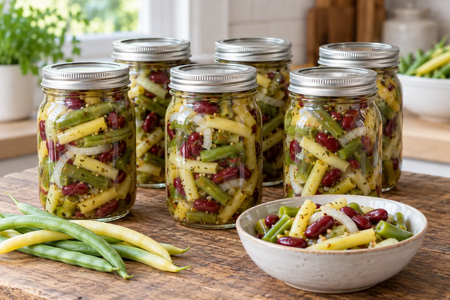 Six sealed jars of pickled green beans, yellow wax beans, kidney beans, and onion.