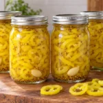 Four sealed pint jars of pickled yellow banana pepper rings in clear vinegar brine.