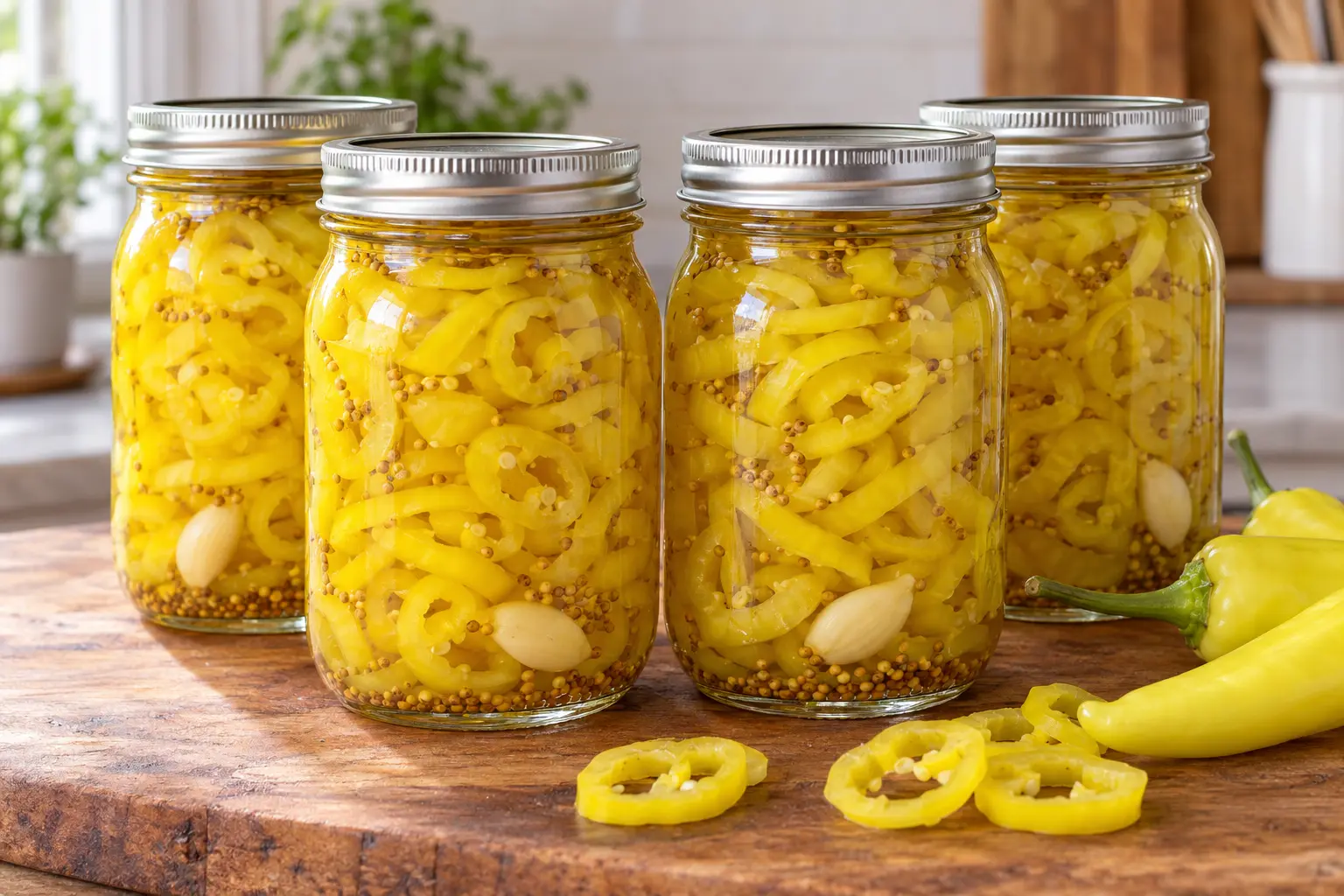 Four sealed pint jars of pickled yellow banana pepper rings in clear vinegar brine.