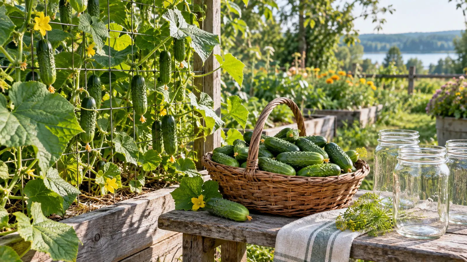 Pickling cucumbers growing on a trellis beside a harvest basket and clean empty mason jars