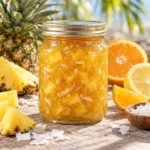 Jar of golden pineapple coconut jam with pineapple, citrus, and coconut flakes