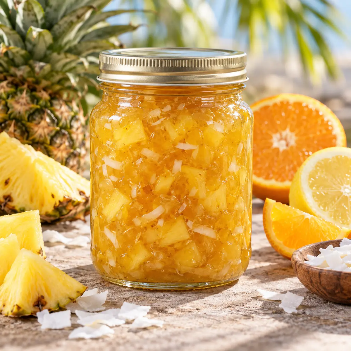 Jar of golden pineapple coconut jam with pineapple, citrus, and coconut flakes