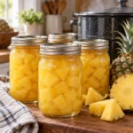 Home-canned pineapple chunks packed in clear liquid in glass jars.