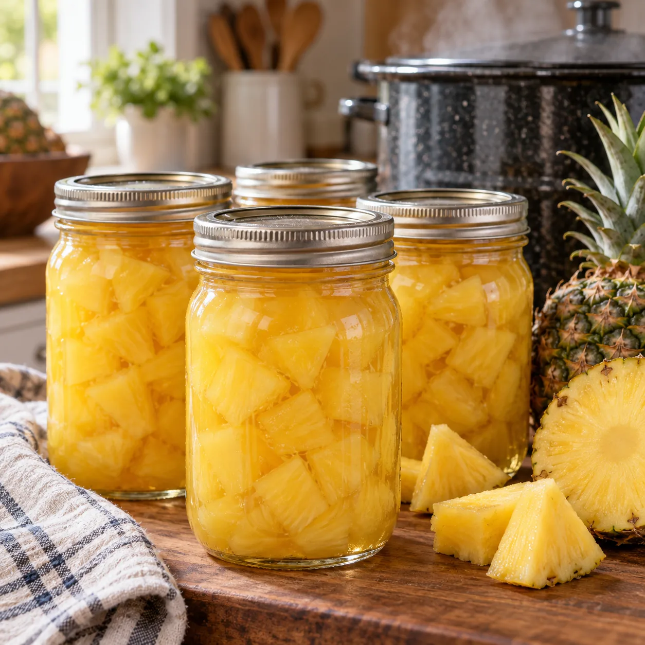 Pineapple — NCHFP 1 Home-canned pineapple chunks packed in clear liquid in glass jars.