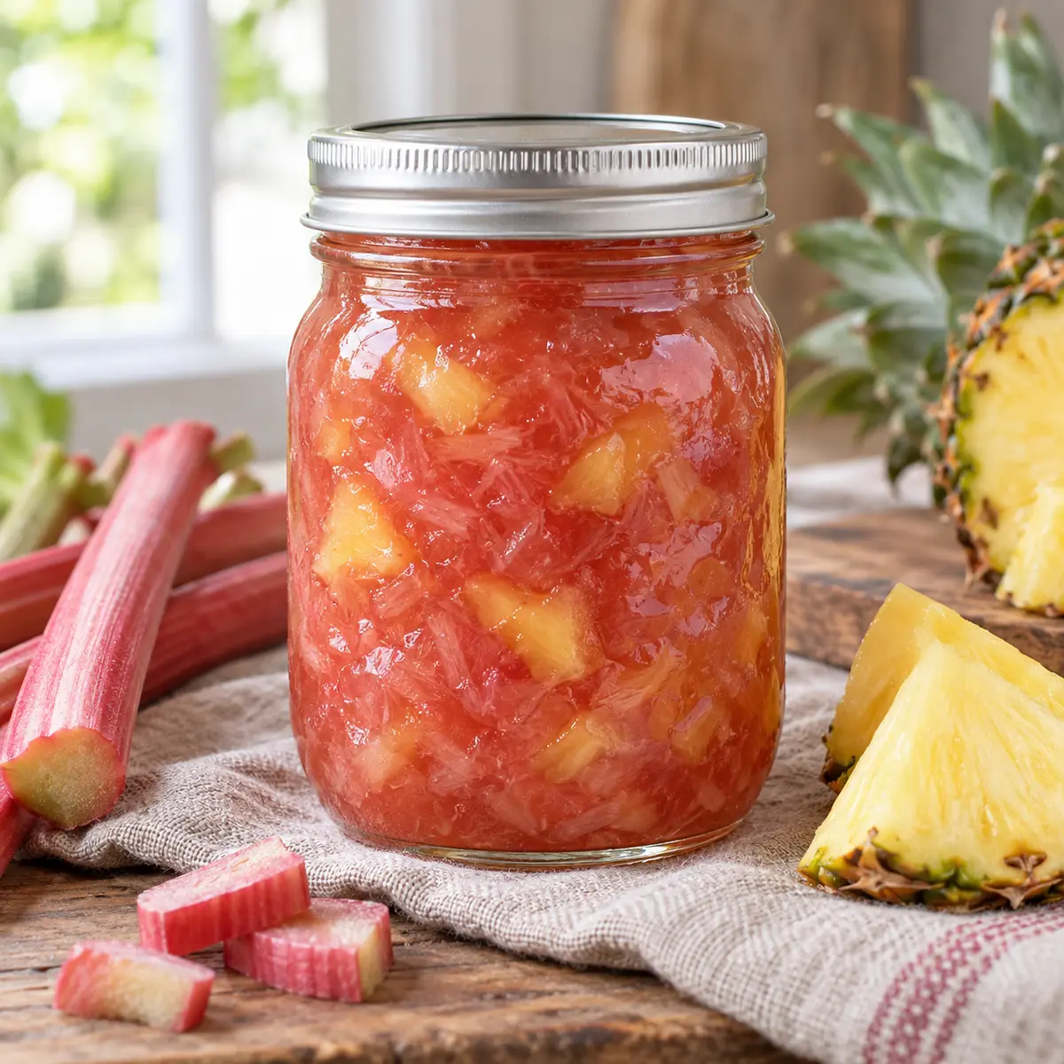 Pineapple Rhubarb Jam — Bernardin 1 Jar of rosy pineapple rhubarb jam with fresh rhubarb and pineapple