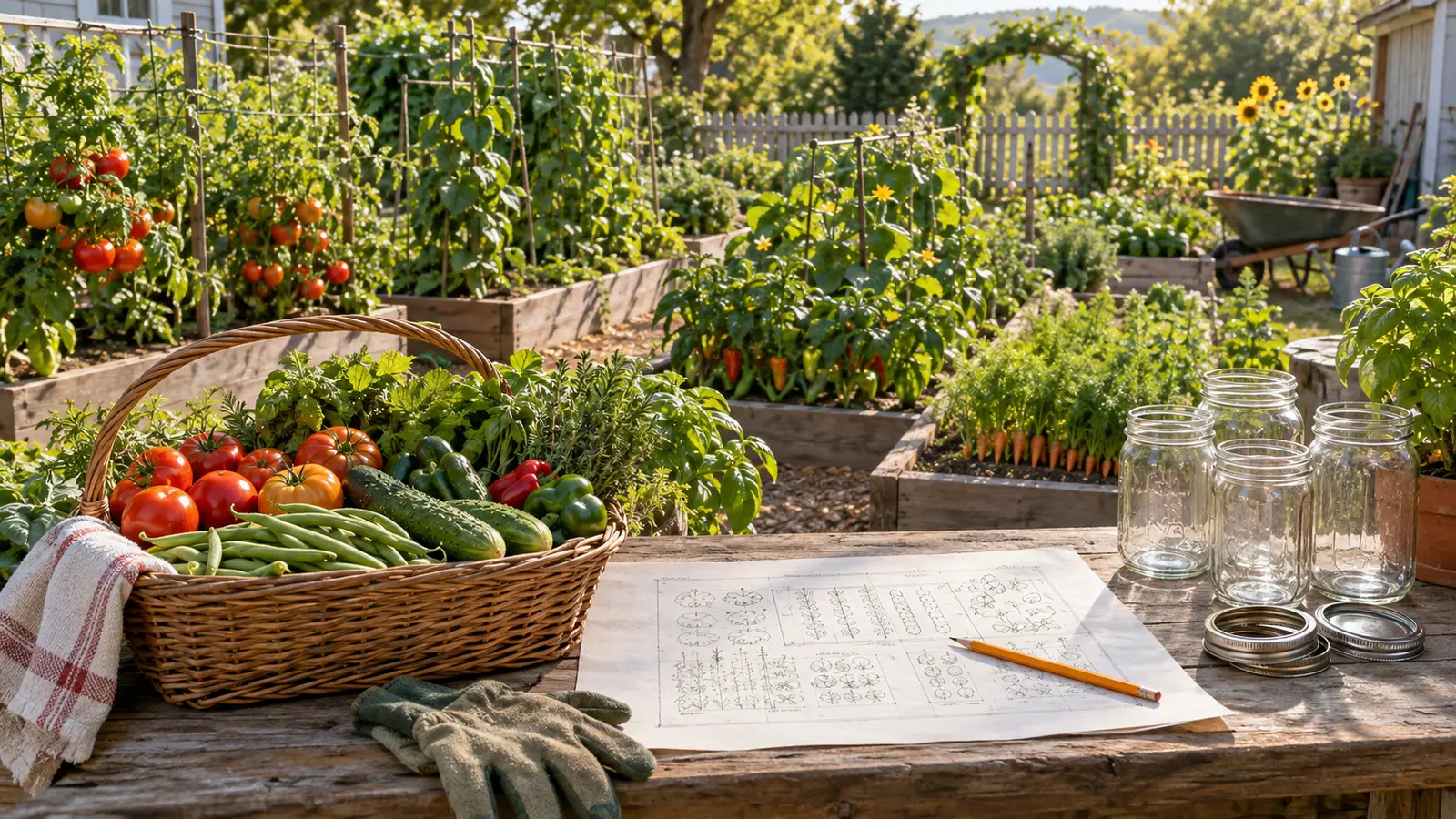Harvest basket, garden plan and empty canning jars beside raised beds of vegetables