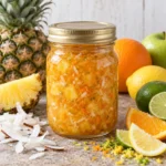 Jar of tropical citrus pineapple jam with apple and coconut