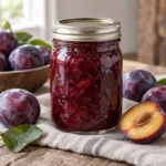 Jar of deep ruby-purple plum jam with ripe plums