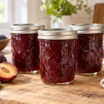 Three sealed jars of deep ruby plum jam with ripe purple plums