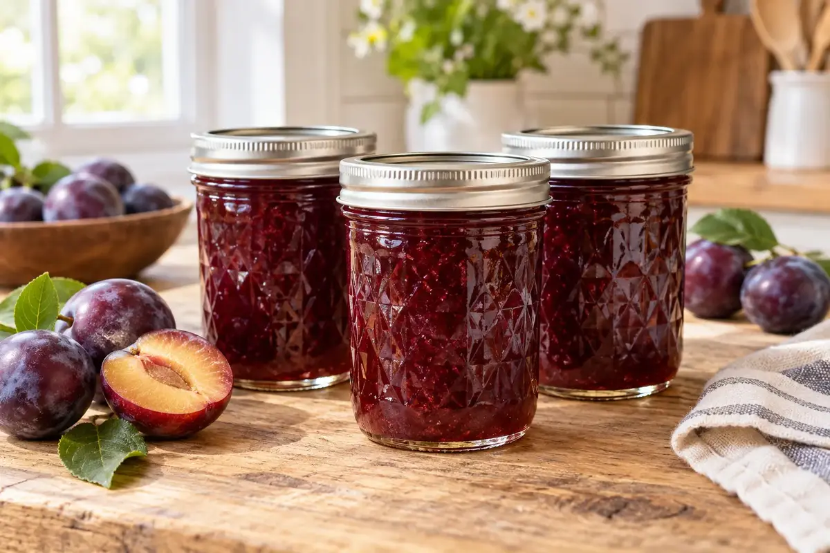 Three sealed jars of deep ruby plum jam with ripe purple plums